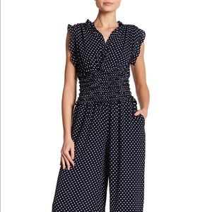 NWT- Polka Dot- V neck smocked jumpsuit. Max Studio. Navy/White
